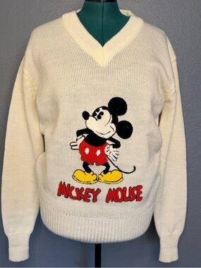 Vintage Disney Mickey Mouse Sweater XL Cream V Neck Graphic Knit Y2K